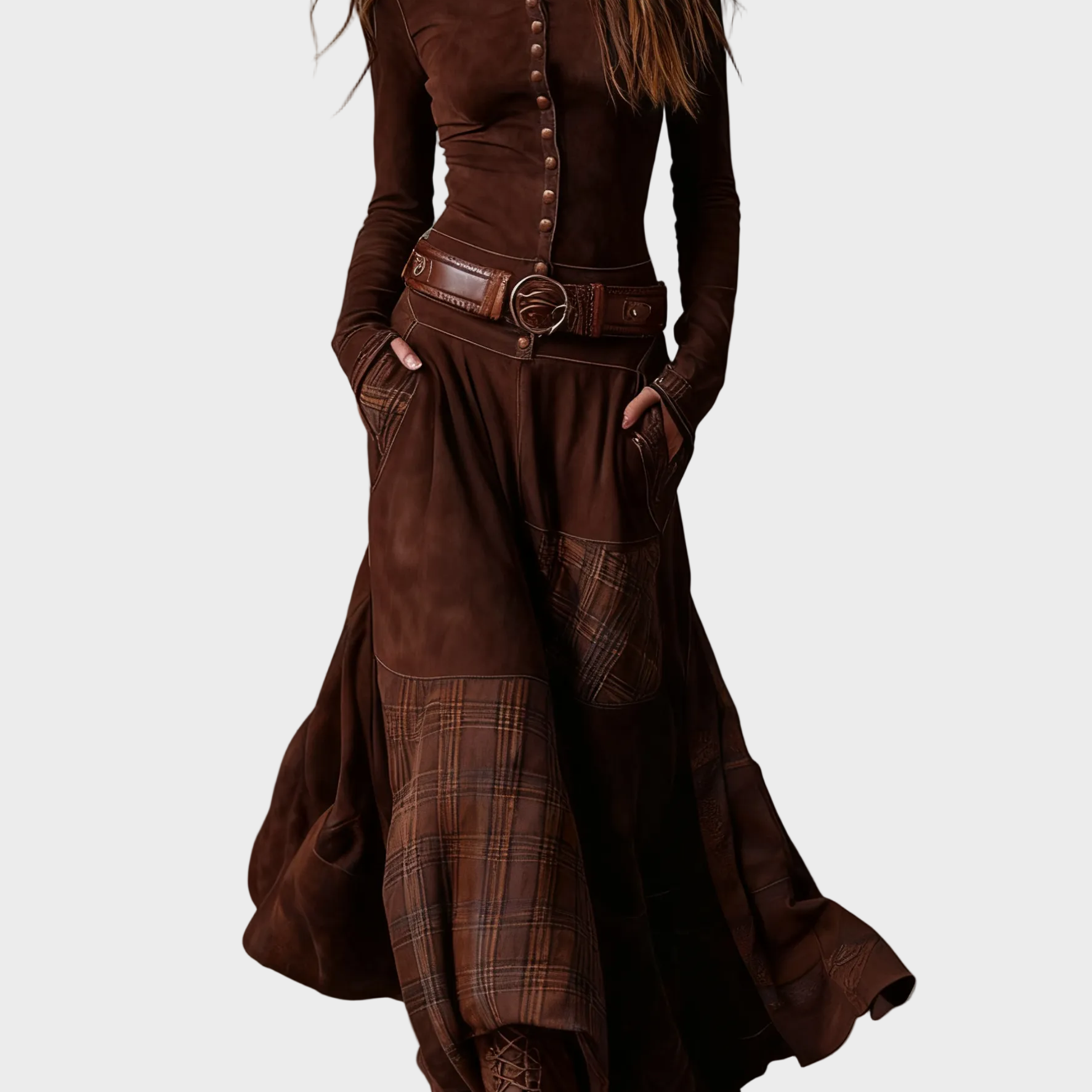 Helena - Maxikleid aus dunkelblauem Wildlederimitat mit Gürtel