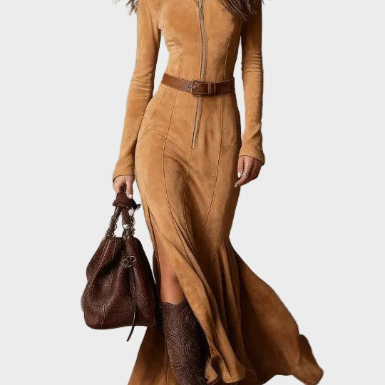 Adrianna - Braunes Wildleder-Maxikleid mit Gürtel und Reißverschluss
